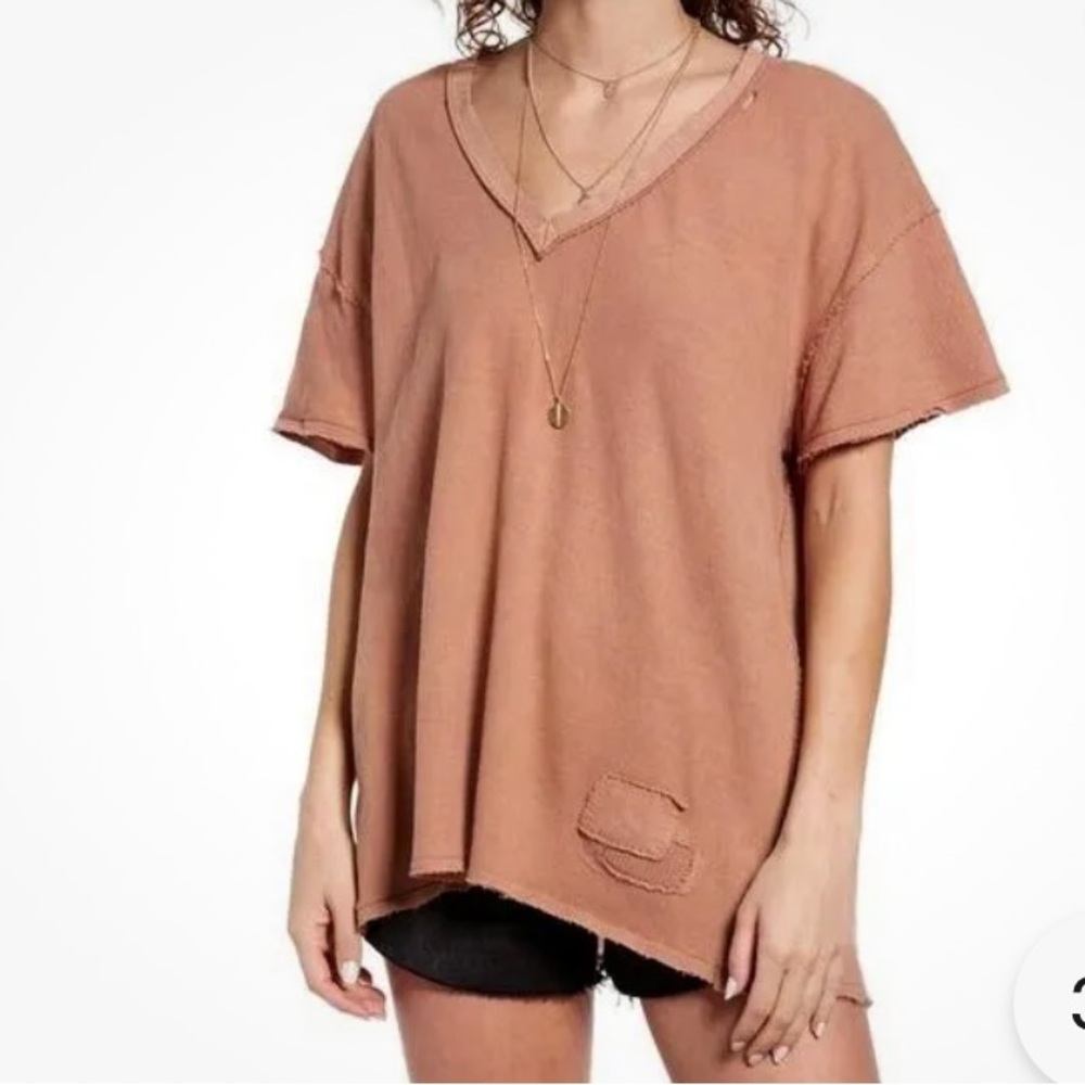 Free People We The Free Sz M Oversized Distressed V-neck Tee in Soft Earth
